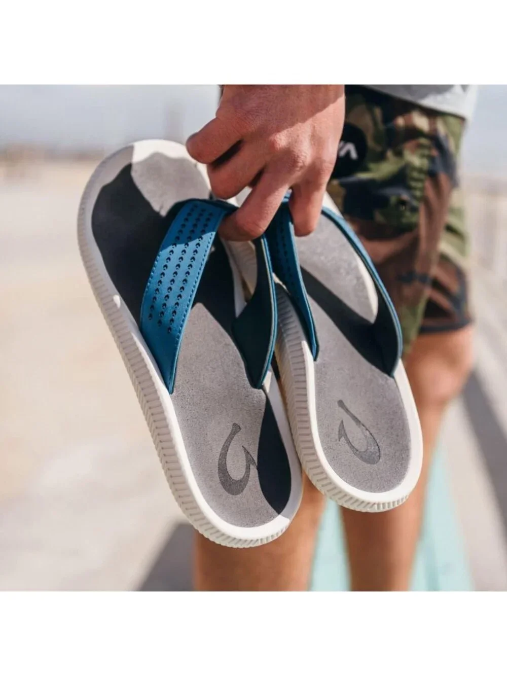 Men's Blue Grey Synthetic Beach Sandals Water Resistant Flip Flops Comfort Fit